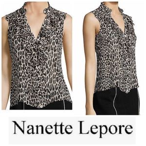 Nanette Lapore Leopard Print Ruffle Silk Top Strand Collar with Ruffle Trim